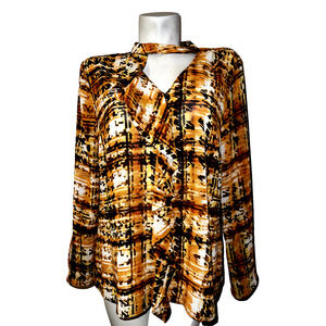 New NY COLLECTION Top Women's Size XL Honey Brown Flared LS Blouse w/Neck Strap